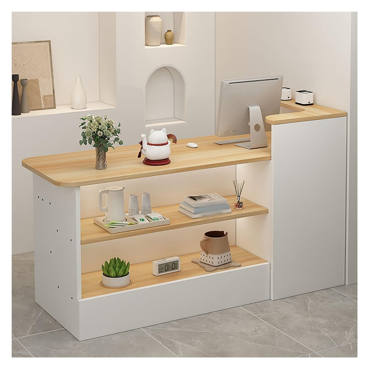 Reception Counter Desk, Modern Retail Counter, Front Desk Reception Room Table, Retail Counter with Display Shelf & Drawers, for Checkout, Lobby, Salon, Retail, Store Shop Clinic Office, Beauty Salon LLINVX