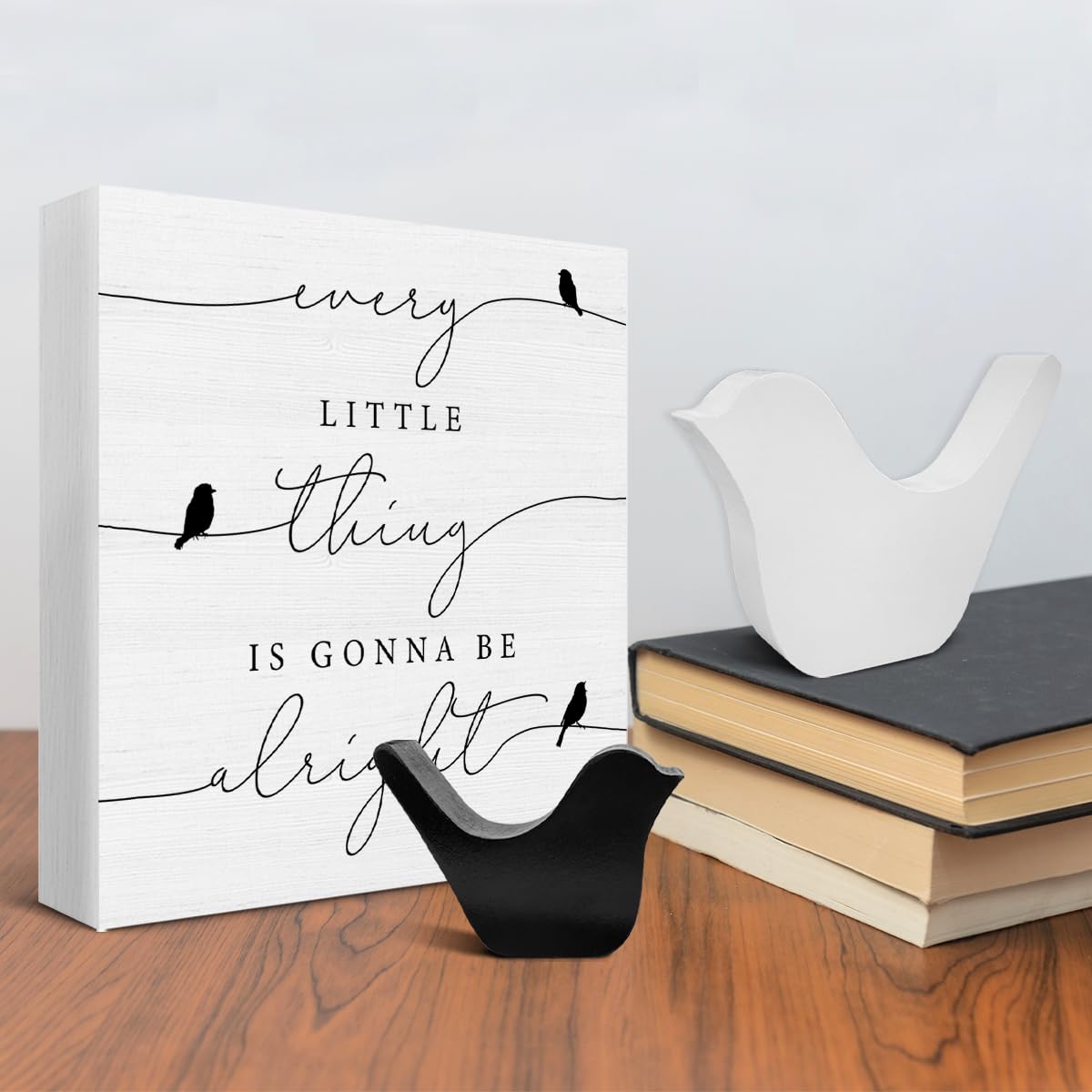 Every Little Thing is Gonna Be Alright Birds Wooden Box Sign Farmhouse Wood Box Sign Spring Art Blocks Desk Shelf Tabletop Home Decor (with 2 Wood Bird Statues) Bifez
