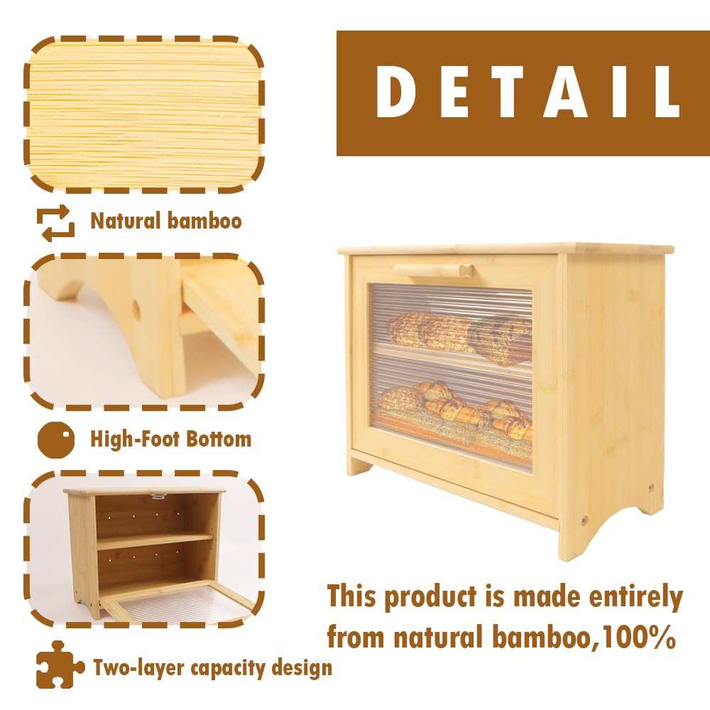 PURENJOY Bread Box, Bread Box for Kitchen Countertop, Large Bread Box for Homemade Bread, 2 Layer Wood farmhouse Breadbox Organizer for Kitchen Counter Corner, Cabinet, Pantry, (Natural Bamboo) PURENJOY