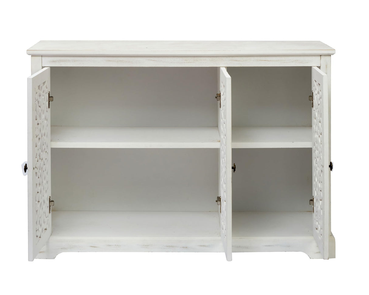LKTART 44" Sideboard Buffet Cabinet, Farmhouse Accent Storage with 3 Hollow Carved Doors for Living/Dining Room,Kitchen Antique White LKTART