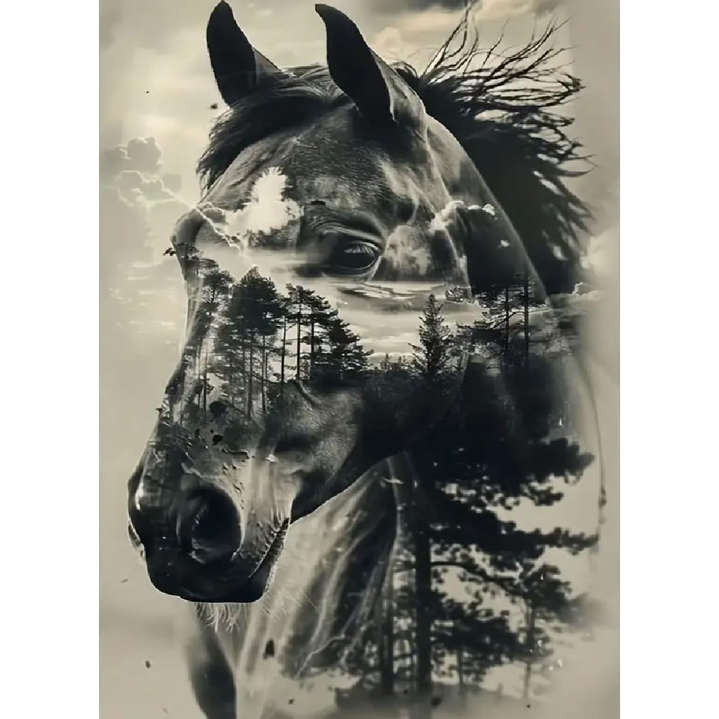 BOHADIY Horse Diamond Art Painting Kits for Adults, Full Drill Tree Diamond Dots Paintings for Beginners, Round 5D Paint with Diamonds Pictures Gem Art Painting Kits DIY Crafts16x12inch Animal Gray BOHADIY