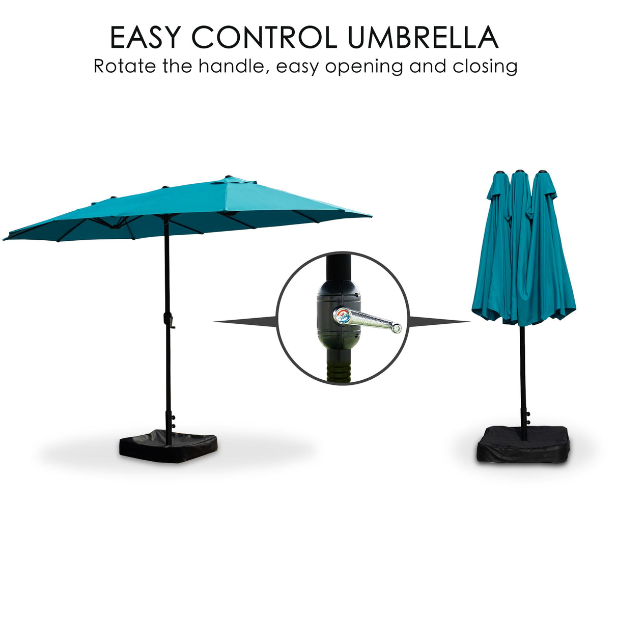 15ft Rectangle Patio Umbrella, Double-Sided Outdoor Market Umbrella with Crank Handle and Base for Pool, Garden, Backyard, Lawn (Blue W/O SolarLights) Kozyard