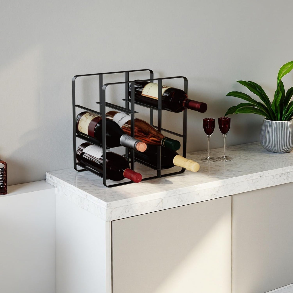 Buruis 9-Bottle Metal Wine Rack, Freestanding Holder Organizer for Red and White Wine, Kitchen Countertop, Pantry, No Assembly Required, Black Buruis