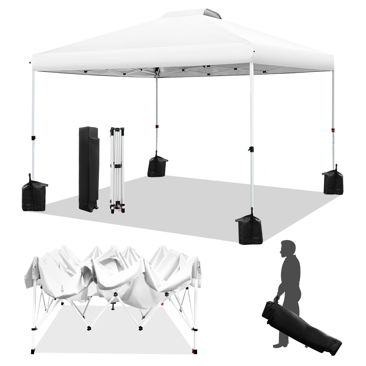 WEIZE Pop up Canopy Tent 10x10ft, 1-Button Push Setup, Instant Portable Shelter, Adjustable Height, Portable Roller Bag, 4 Weight Bags, Guy Ropes & Stakes Included, White WEIZE
