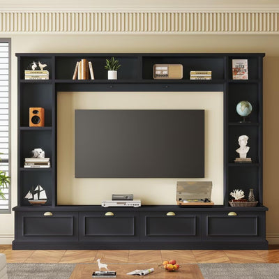 JIJIWANG Large Wall Unit Entertainment Center with Bookshelves for TVs Up to 78'', Modern TV Console with Cabinets and Open Shelves, 4-in-1 TV Stand with Golden Handles, Black, 104.2''W*81.2''H