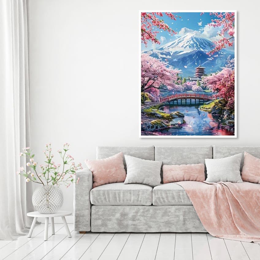 MOMDEDP 5D Mount Fuji Diamond Painting Kits for Adult, Mountain Sakura Diamond Art Kits for Beginners, DIY Full Drill Floral Diamond Dot Gem Art Kits for Home Decor 12 x 16 Inch Cherry MOMDEDP
