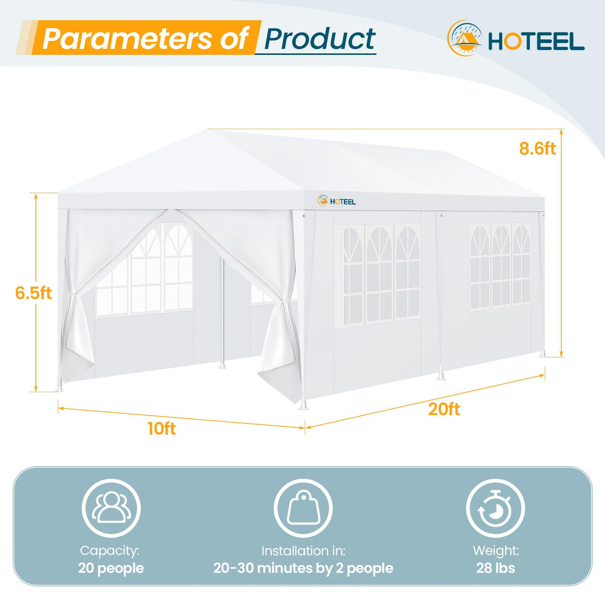 HOTEEL Canopy 10'x20' Party Tent with 4 Removable Sidewalls, Event Tent, Outdoor Tent for Parties, Large Canopy Tent for Parties, Weddings, Patio Camping Gazebo, All Season & Waterproof, White Hoteel