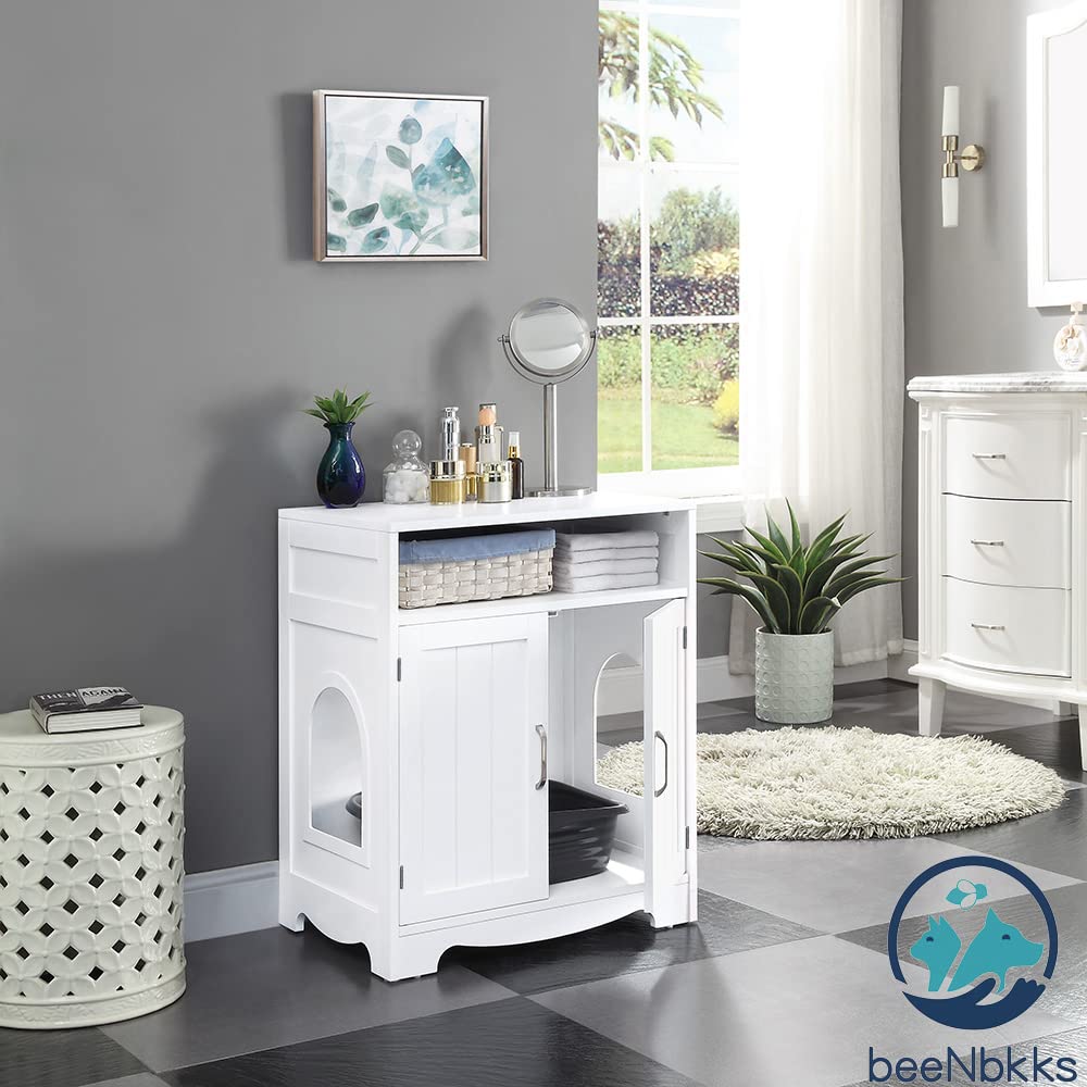 beeNbkks Cat Litter Box Furniture, Cat Washroom Hidden Litter Box Enclosure with 2 Entrances, Cat House Storage Nightstand, Wooden Pet Crate Furniture beeNbkks