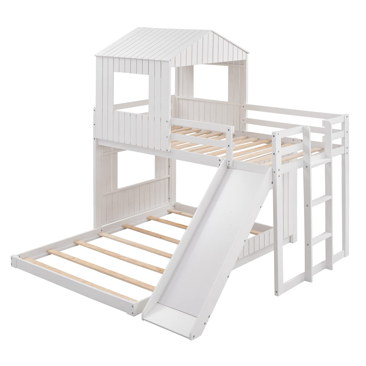 Merax Twin Over Full Bunk Bed Frames Loft Bed with Slide, House Roof, Window and Safety Guardrails for Boys or Girls, White Merax