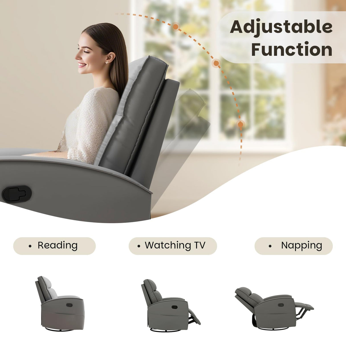 CANMOV Rocker Recliner Chair,360°Swivel Nursery Glider Recliner,Manual Recliner Sofa with Padded Armrest and Backrest,Leather Recliner for Small Spaces,Living Room,Bedroom,Grey CANMOV