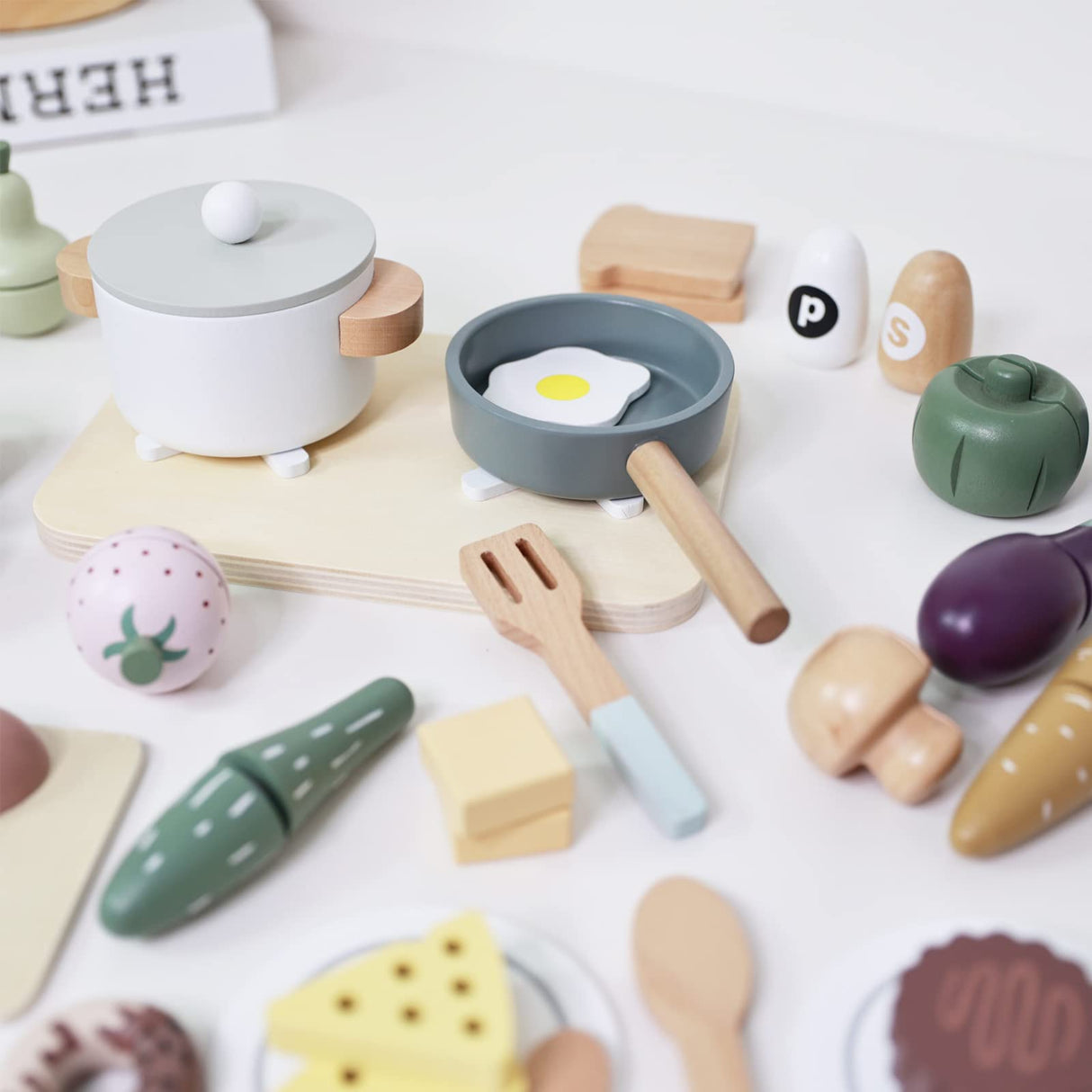 nunukids Wooden Play Food Sets for Kids Kitchen 42 pc Wooden Toys with Storage Basket Wood Pretend Food Play Kitchen Accessories Set nunukids