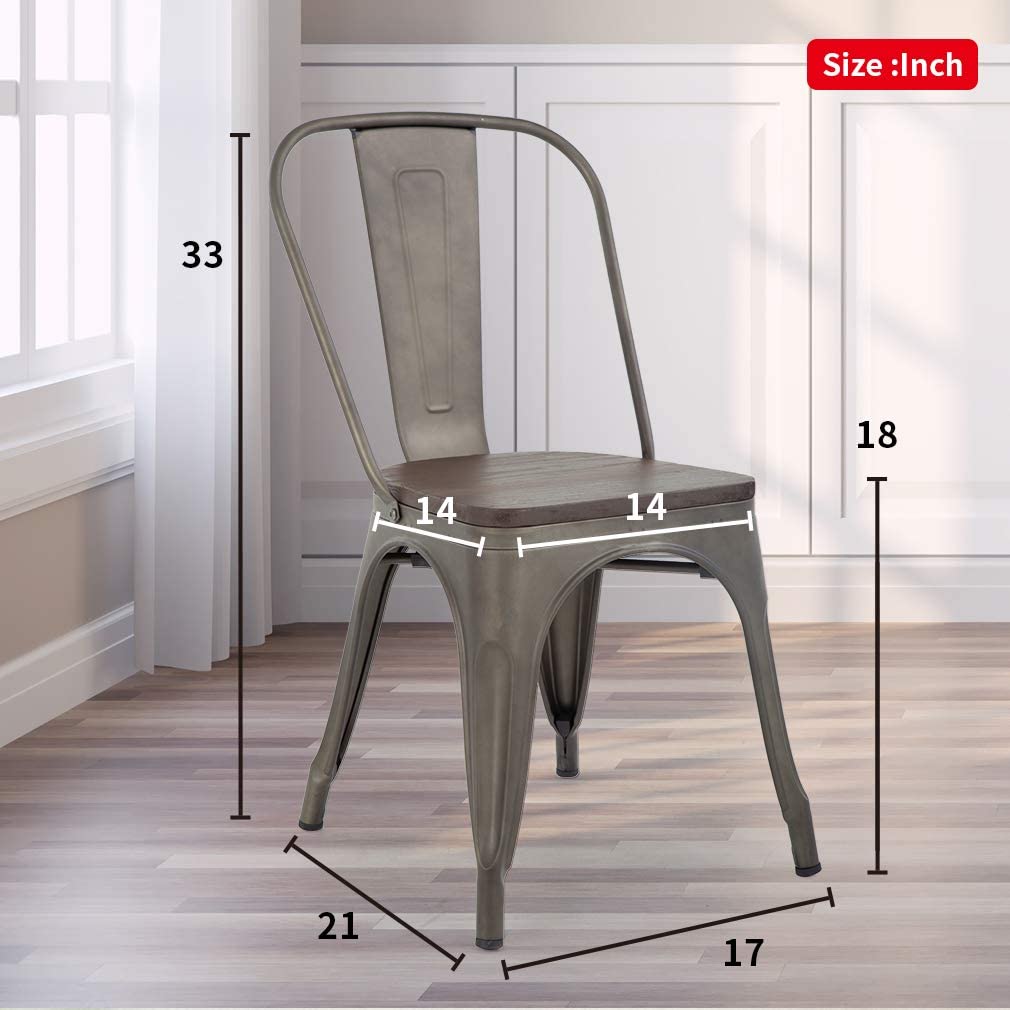 FDW Metal Dining Chairs Set of 4 Patio Chairs Furniture Indoor Outdoor Chairs Kitchen Metal Chairs Stackable Chair Tolix Side Bar Chairs Wooden Seat 18 Inch Seat Height Restaurant Chair FDW