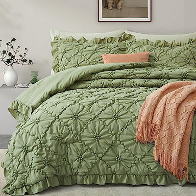 BEDAZZLED Queen Size Comforter Sets, Green Bedding Comforter Set, 3 Pieces Pinch Pleat Bedding Sets with Comforter and Pillowcases Soft Farmhouse Shabby Chic Comforter for All Season