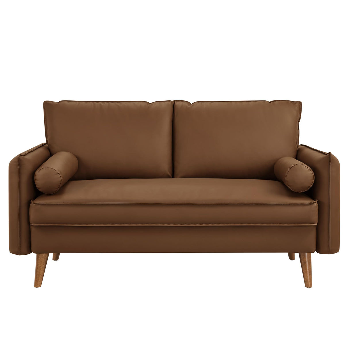 Modway Revive 59 Inch Faux Leather Loveseat in Brown – Mid Century Modern Upholstered Loveseat with Gold Legs - Small Space Sofa for Living Room, Office, or Apartment Modway