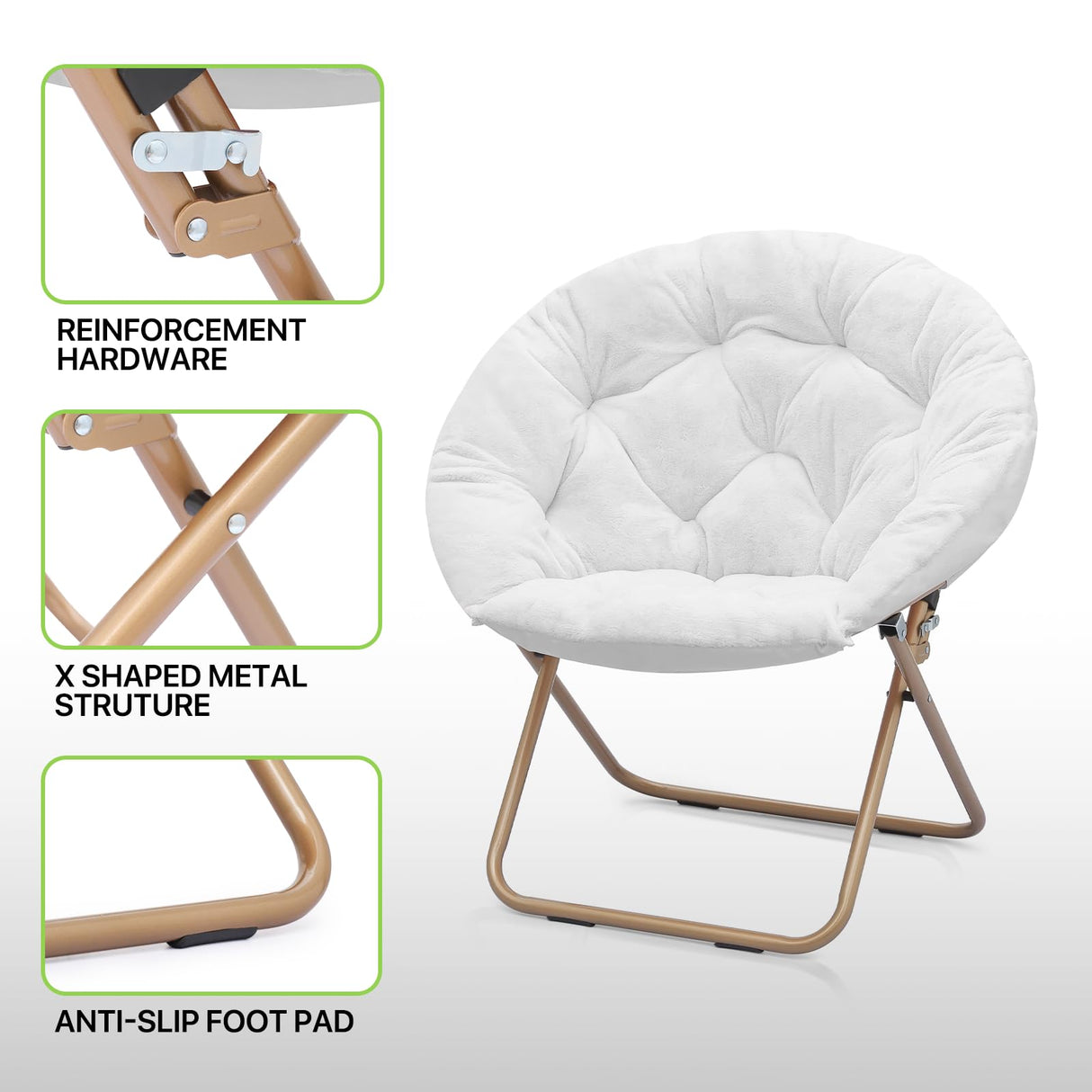 Magshion Saucer Chair for Adults, Oversized Folding Cozy Moon Chair with Gold Metal Frame, Furry Faux Fur Comfy Lazy Seat for Bedroom, Living Room, Dorm Room, Apartment (White) Magshion