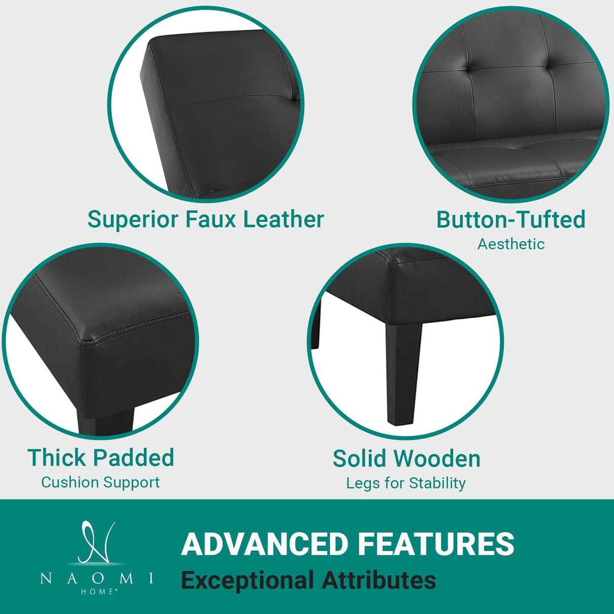 Naomi Home Black Futon Sofa Bed, Faux Leather Futon Couch, Black Sofa Bed Couch Convertible with Wooden Legs, Folding, Reclining Small Couch Bed, Button Tufted Futon Bed for Living Room Naomi Home