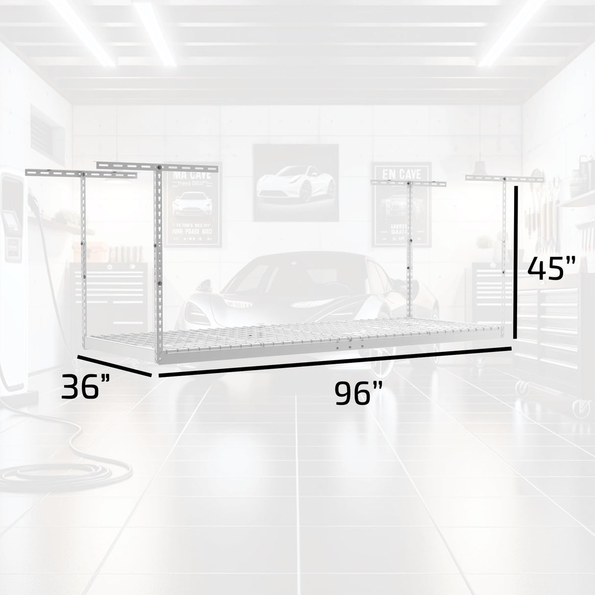 MonsterRax Overhead Garage Storage Racks 3x8’ Ceiling Mounted Shelving, Adjustable Hanging Organizer, Heavy Duty Steel, Holds 500 Pounds, Color: White, Adjustable from 24"-45" off the Ceiling MonsterRAX Storage Solutions