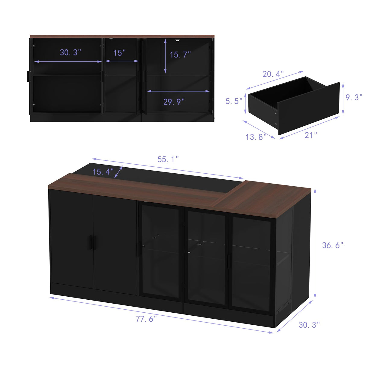 TAMUNE 77” Kitchen Island with Glass Doors and Light, Large Kitchen Storage Island with Drawers and Shelves, for Home Bar Black and Brown 30.3”D x 77.6”W x 36.6”H TAMUNE