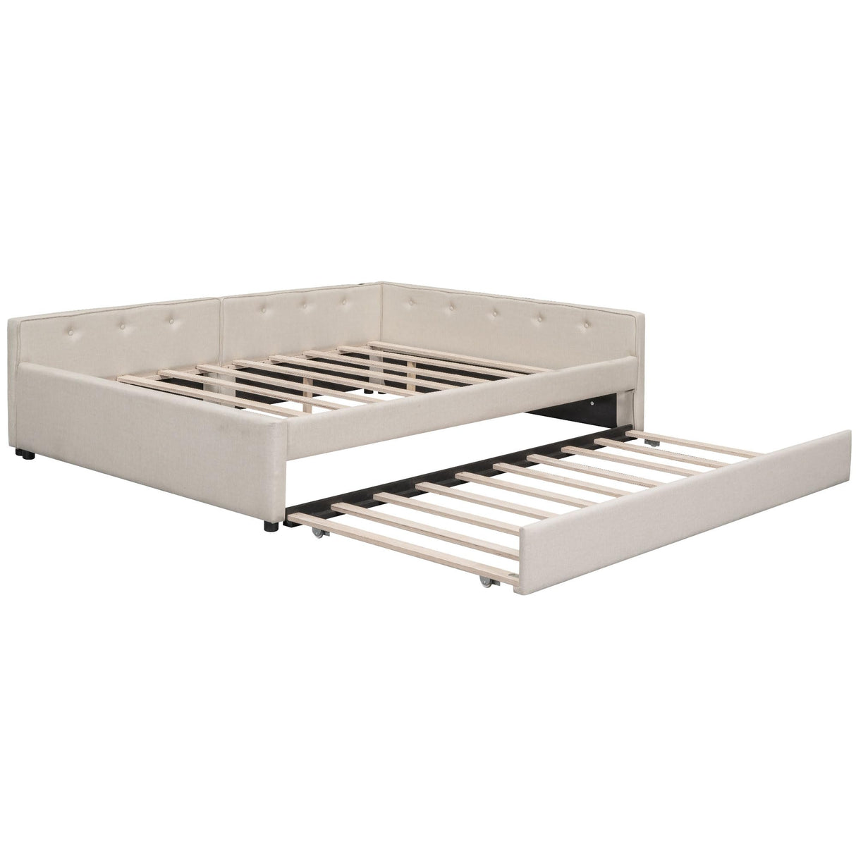 KALALLA Queen Size Daybed with Trundle and USB-Ports, Upholstered L-Shaped Day Bed Frame Space Saving for Living Room, No Box Spring Needed, Kids Girls Adults, Beige KALALLA