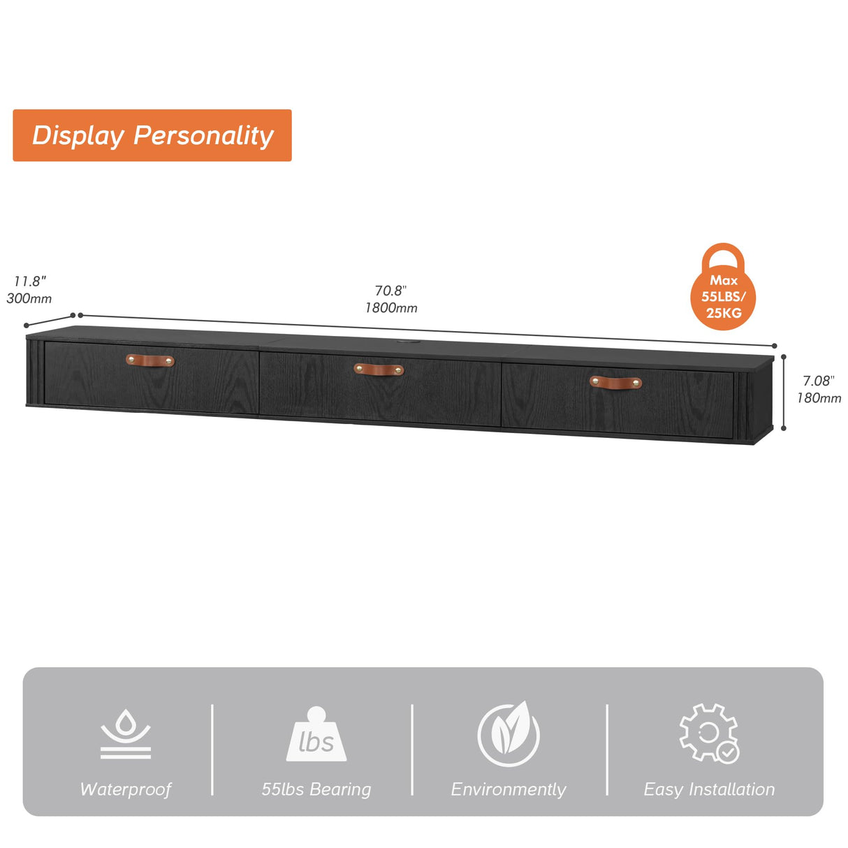 FITUEYES Black Floating TV Stand,70" Modern Media Console Entertainment Center with 3 Flip-Down Doors,Under TV Floating Cabinet Hutch Storage Desk for Living Room, Bedroom FITUEYES