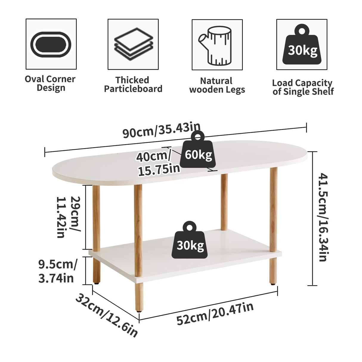 Aibiju Oval Coffee Table White, Small Wooden Coffee Table for Small Space, Tea Table Stand 35 * 16 * 17 inches, 2 Tier Center Table for Living Room White YD-012W Aibiju