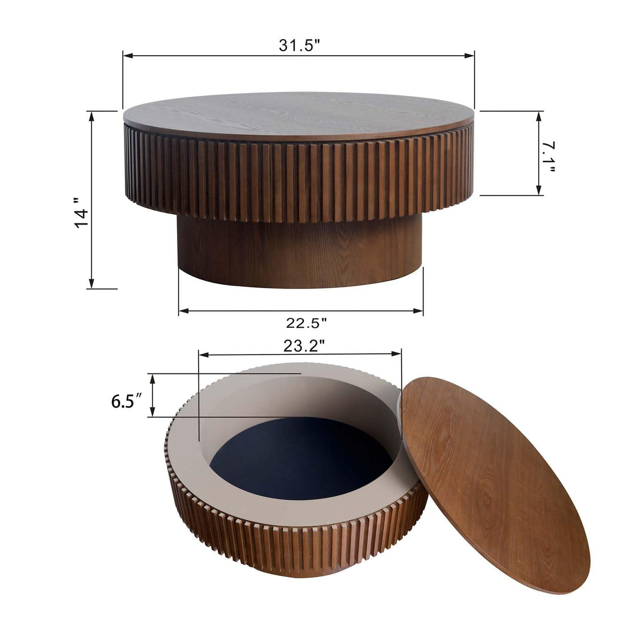 Round Coffee Table with Storage, Modern Wooden Coffee Table with Solid Wood Veneered, Circle Center Table Accent Tea Table for Living Room Apartment Small Space (31.5''L × 31.5''W × 14''H, Walnut) FGXJY