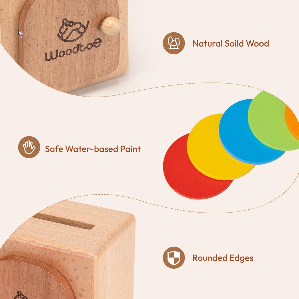 Woodtoe Montessori Coin Box for Kids, Montessori Toys for Babies 18+ Months, Natural Wood Object Permanence Toys for Baby, Toddler Educational Learning Toy, Fine Motor Skills Travel Game for Boy Girl Woodtoe