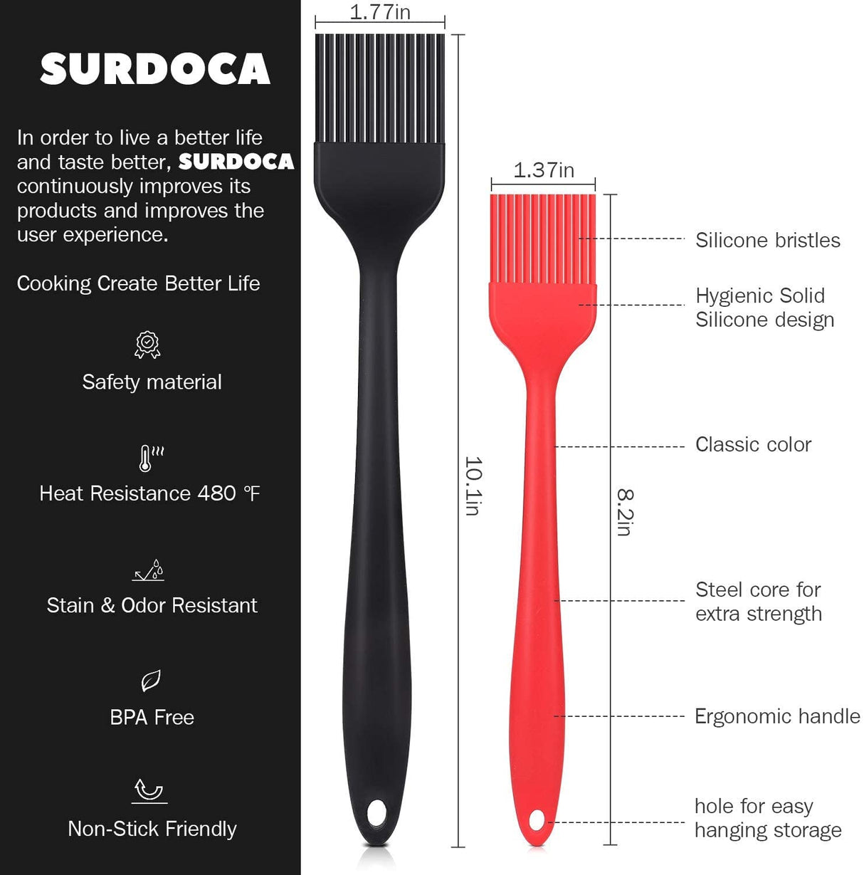 SURDOCA Silicone Pastry Basting Brush - 2Pcs 10 + 8 in Heat Resistant Brush for Baking Cooking Food, BPA Free Kitchen Brush for Sauce Butter Oil, Stainless Steel Core Design for Barbecue BBQ Grilling SURDOCA
