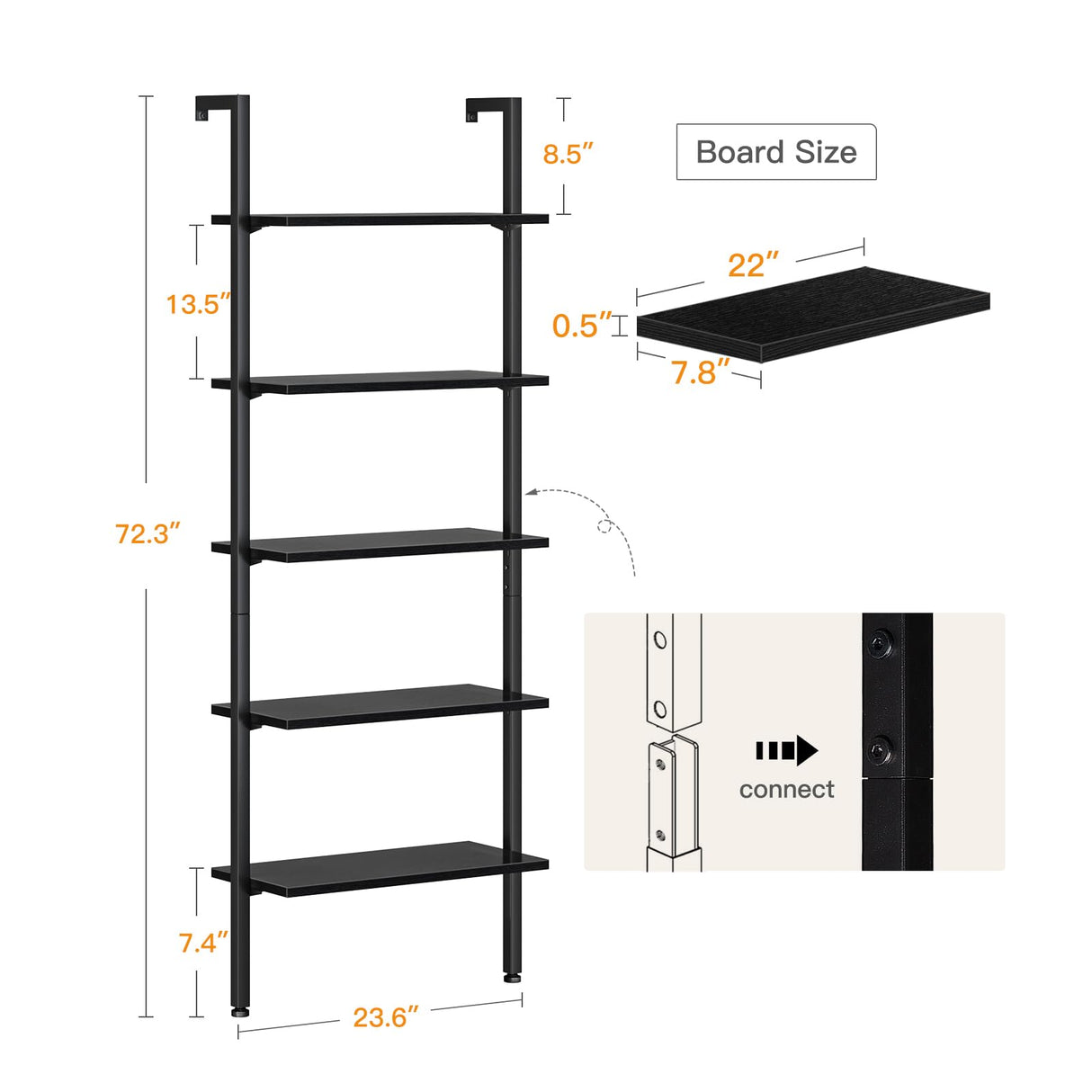 ODK 5-Tier Ladder Shelf, 74 Inches Wall Mounted Ladder Bookshelf with Metal Frame, Open Industrial Shelves for Home Office, Bedroom and Living Room, Black ODK