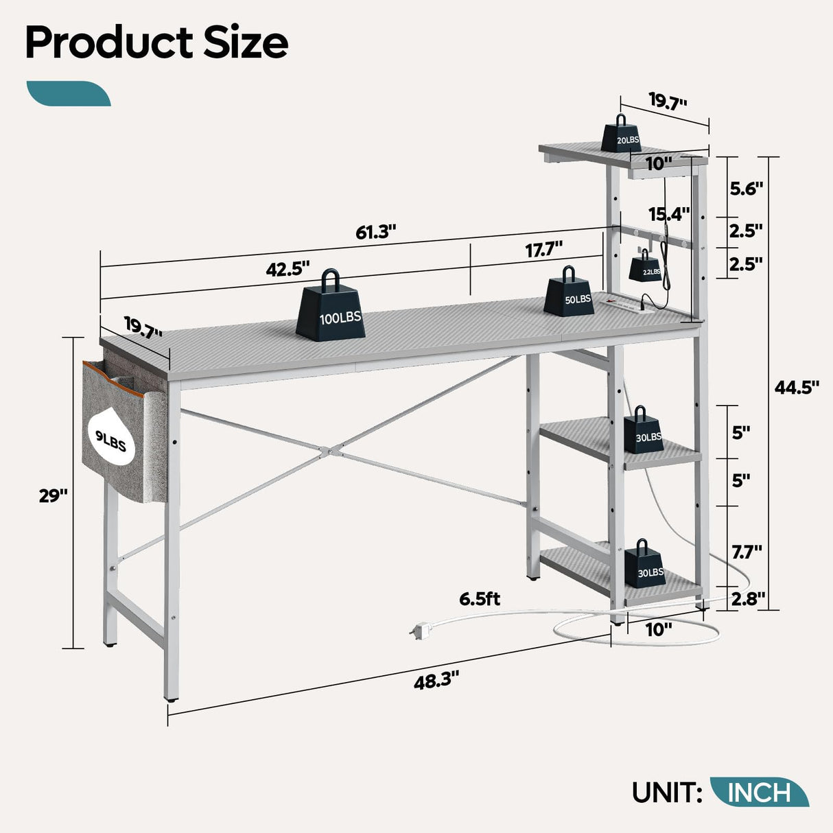 Bestier Gaming Desk with Power Outlets, 61 Inch Large Led Gamer Desk with 4 Tiers Reversible Shelves, PC Gaming Table with Headset Hook & Side Storage Bag for Bedroom (Grey 3D Carbon Fiber) Bestier