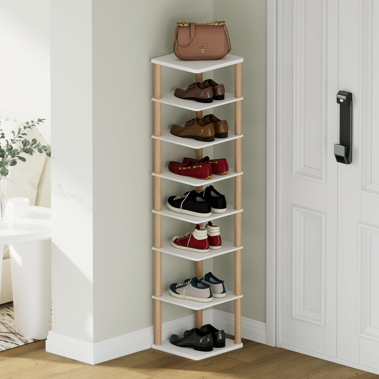 NUTMAK 8-Tier Tall Shoe Rack, Narrow Wooden Shoe Organizer for Entryway, Closet, Dorm, Small Spaces, Freestanding Vertical Shoe Shelf for Sneakers, Boots & Heels NUTMAK