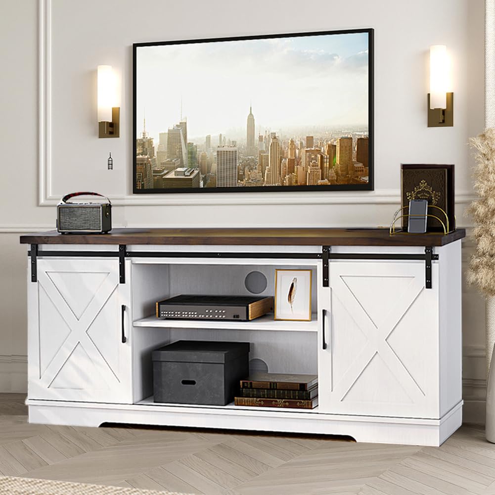 IDEALHOUSE Farmhouse TV Stand, Entertainment Center for 65 Inch TV Media Console Table, White Barn Door TV Stand with Storage and Shelves, Modern TV Console Cabinet Furniture for Living Room IDEALHOUSE