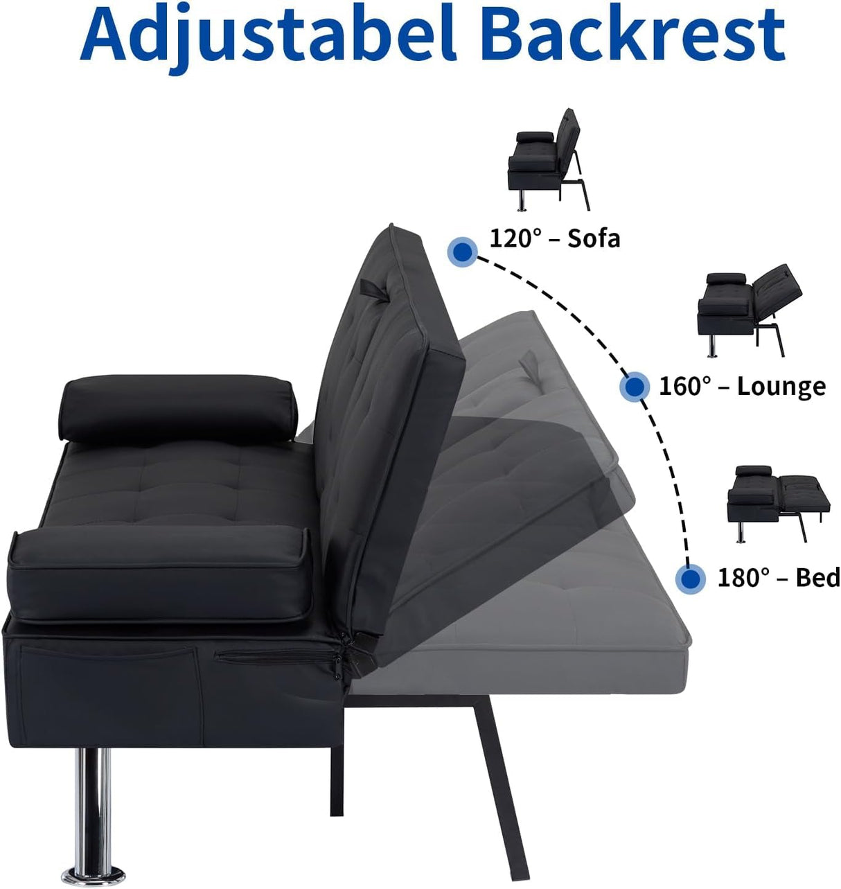 Futon Sofa Bed Convertible Loveseat Sleeper Couch Modern PU Leather Upholstery Folding Recliner Sofá, Small 2 Seaters Futon Sofa&Couch, Accent Couches with Cup Holders for Living Room Osparple