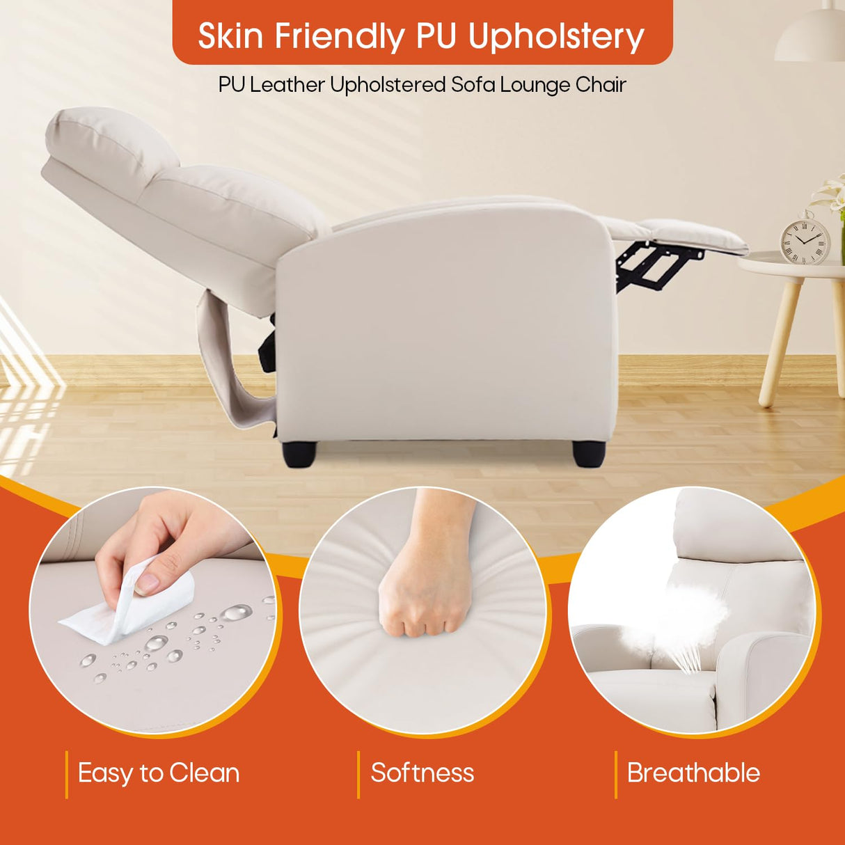 Polyurethane Leather Manual Recliner Chair - Modern Home Theater Sofa Furniture, Single Reclining Lounge With Backrest, Push Back Armchair, Beige Dopinmin