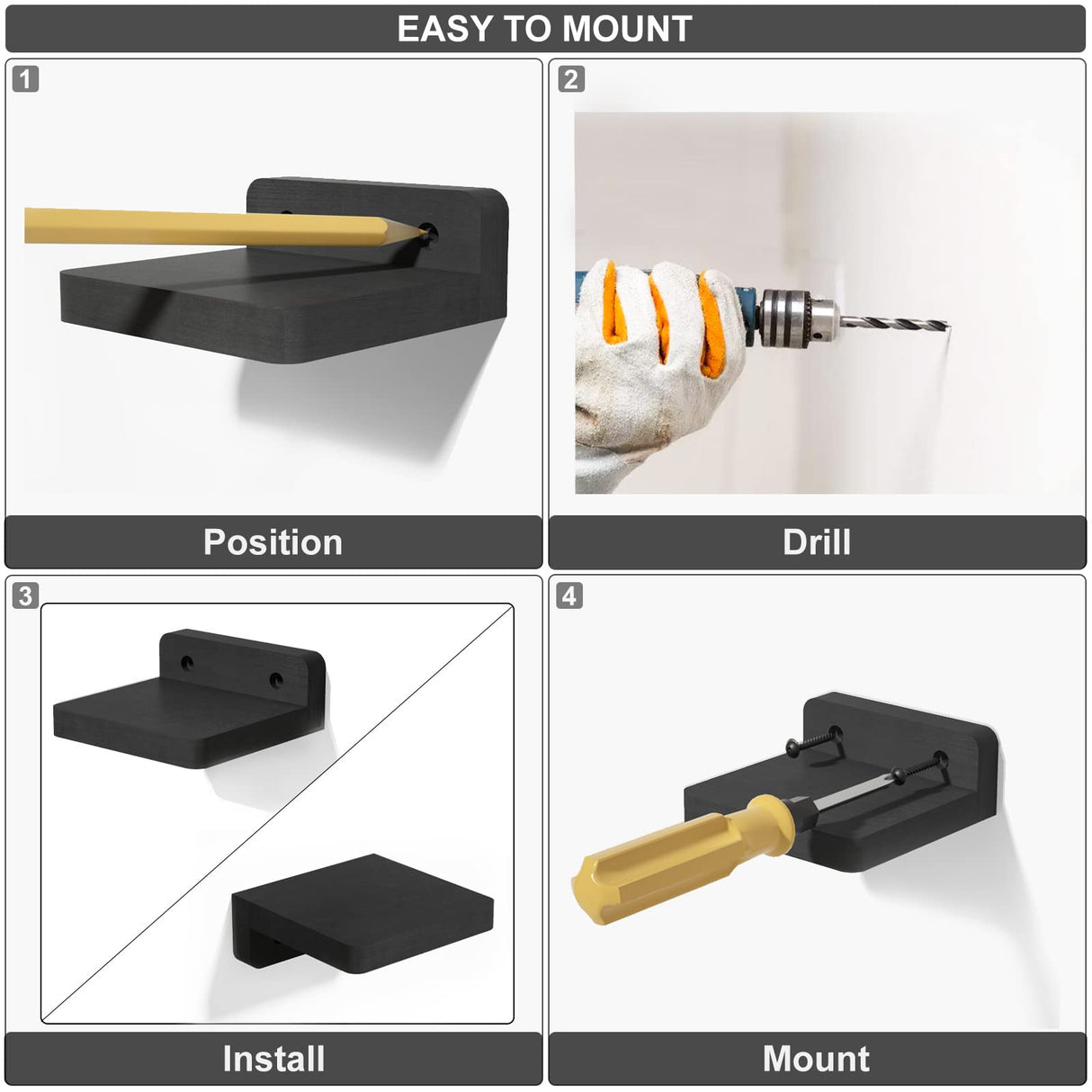 SRIWATANA Small Floating Shelves Wall Mounted, 4 Inch Wood Shelf for Decoration and Storage Set of 4, Mini Display Shelf for Bedroom, Bathroom, Kitchen, Office (Weathered Black) SRIWATANA