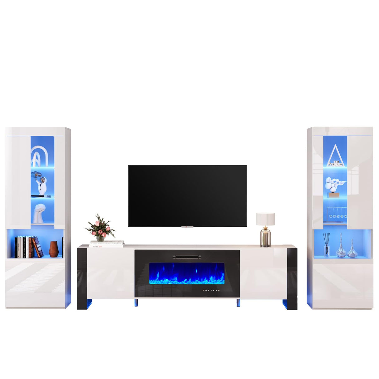 AMERLIFE 80" Modern Fireplace TV Stand with 40" Electric Fireplace & 2 Large Storage LED Bookcases, 3 Piece Living Room Entertainment Center Set for TVs Up to 90in, White/Black AMERLIFE