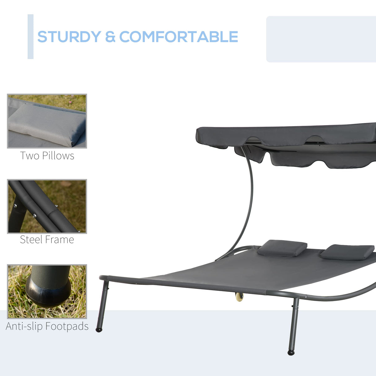 Outsunny Patio Double Chaise Lounge Chair, Outdoor Wheeled Hammock Daybed with Adjustable Canopy and Pillow for Sun Room, Garden, or Poolside, Grey Outsunny