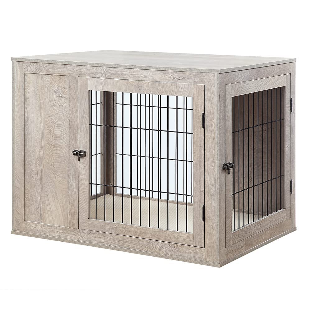 unipaws Furniture Style Dog Crate for Medium Large Dogs, Indoor Aesthetic Dog Stuff Kennel, Modern Decorative Wood Wire Pet House Dog Cage, Pretty Cute End Side Table Nightstand, Weathered Grey unipaws
