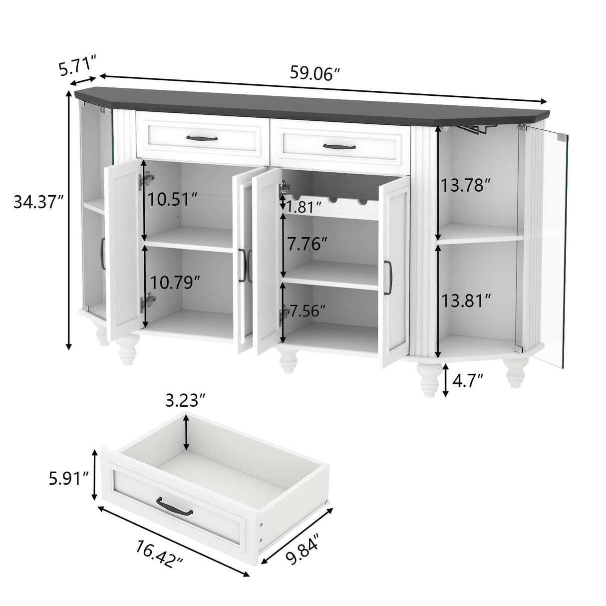 Gyfimoie Buffet Cabinet with Storage, Farmhouse Kitchen Sideboard Cabinet with Solid Wood Legs Coffee Bar Storage with Glass Door Side Shelves for Kitchen, Dining Room, Entryway Gyfimoie