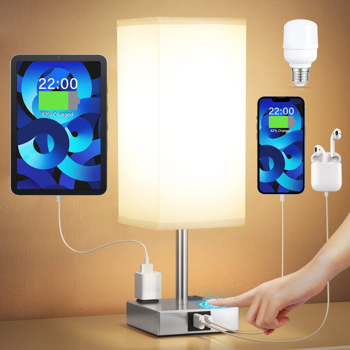 【Upgraded】Bedside Table Lamp Touch Control, with USB C+A Charging Ports & Dual AC Outlets, 3-Way Nightstand Lamp for Bedroom with LampShade Living Room Office(LED Dimmable Bulb Included) aooshine
