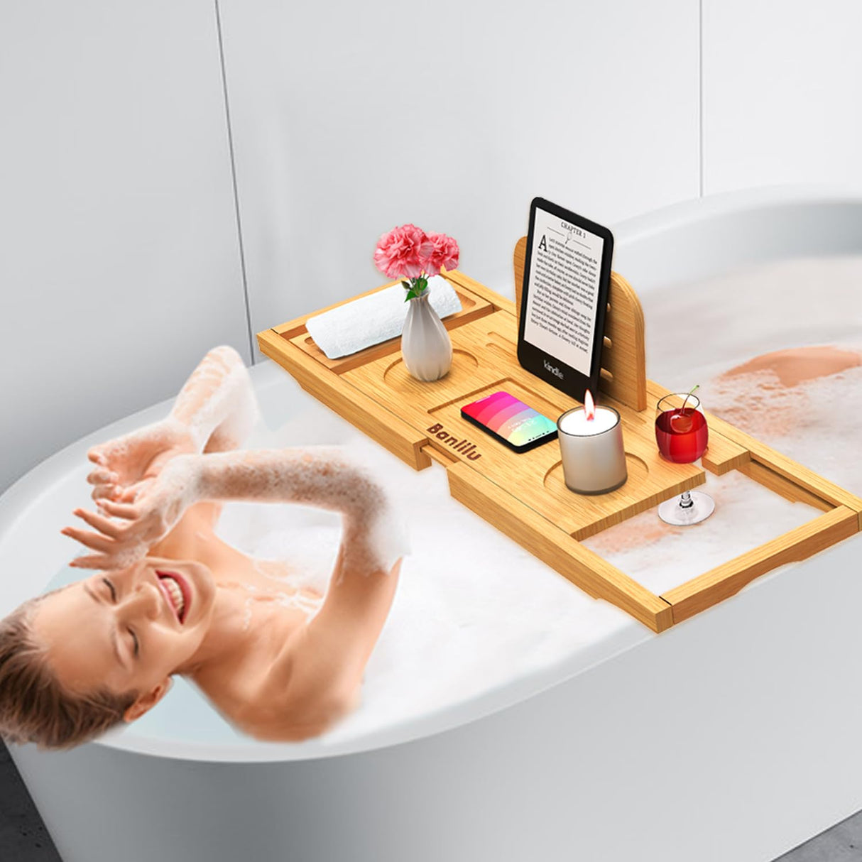 Luxury Bathtub Caddy Tray - Bath Tray Expandable - Bath Tub Tray Table for Bathtub - Bath Caddy Tray for Bathtub, Ajustable Size, Fits Most Tubs Banlilu