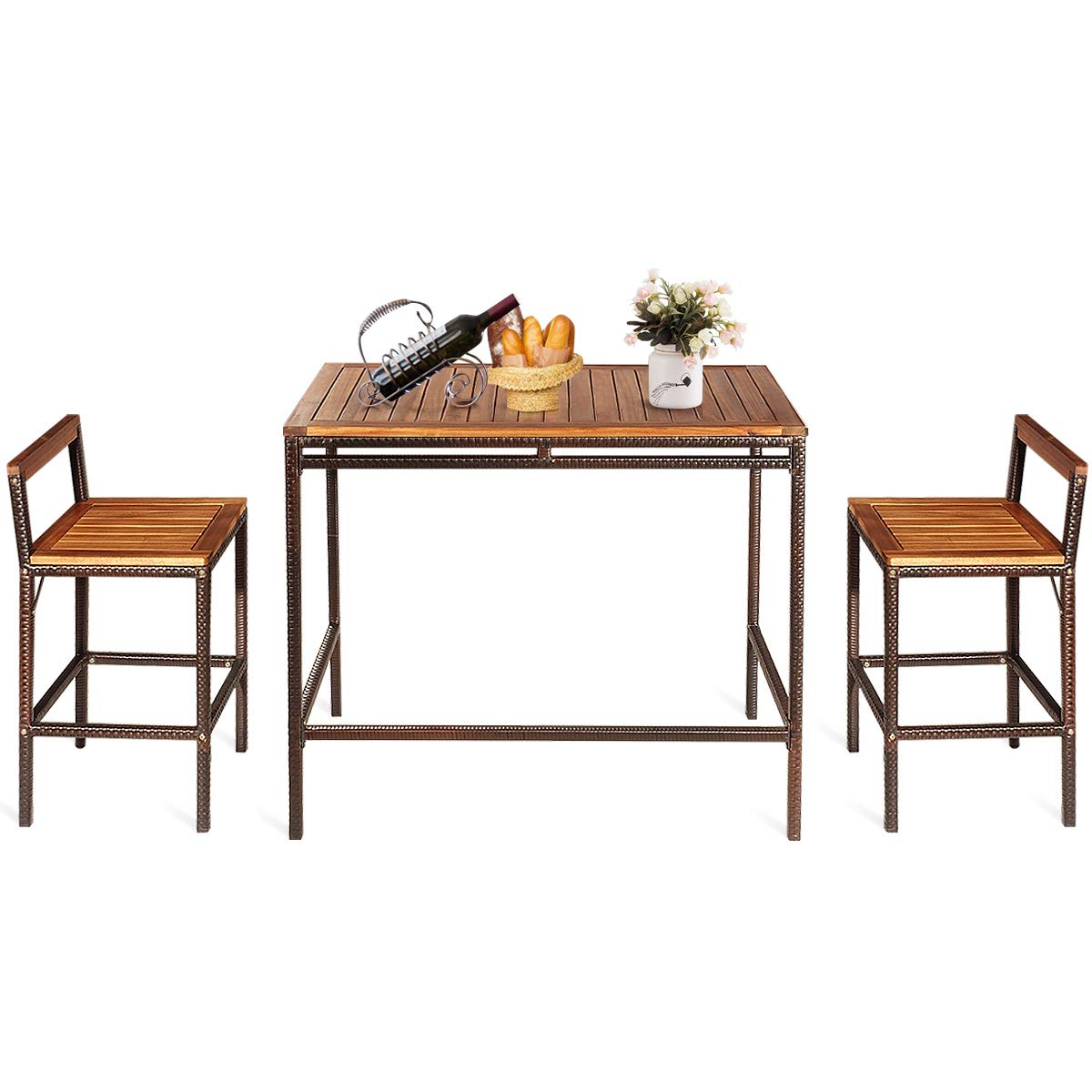 Tangkula 3 Pieces Patio Bar Table Set, Outdoor Rattan Bistro Set with Acacia Wood Top, Wood Table Set with 2 Bar Chairs for Dining Room, Backyard, Patio and Balcony Tangkula