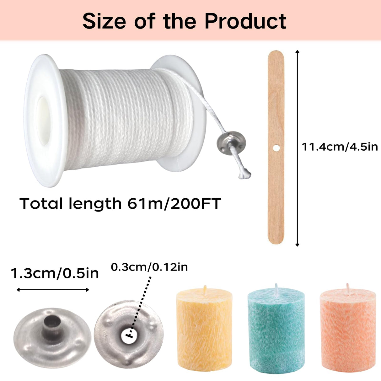 【200 Feet】Candle Wick Roll with 125 Pcs Metal Candle Wick Sustainer Tabs, 80Pcs Candle Wick Stickers and 5Pcs Wooden Candle Wick Centering Device, 61m Natural Cotton Candle Wicks for Candle Making Kit YinEpand