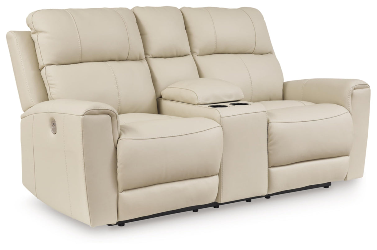 Signature Design by Ashley Dahlmoore Contemporary Leather Match Power Reclining Loveseat with Console and USB Ports, Beige Signature Design by Ashley