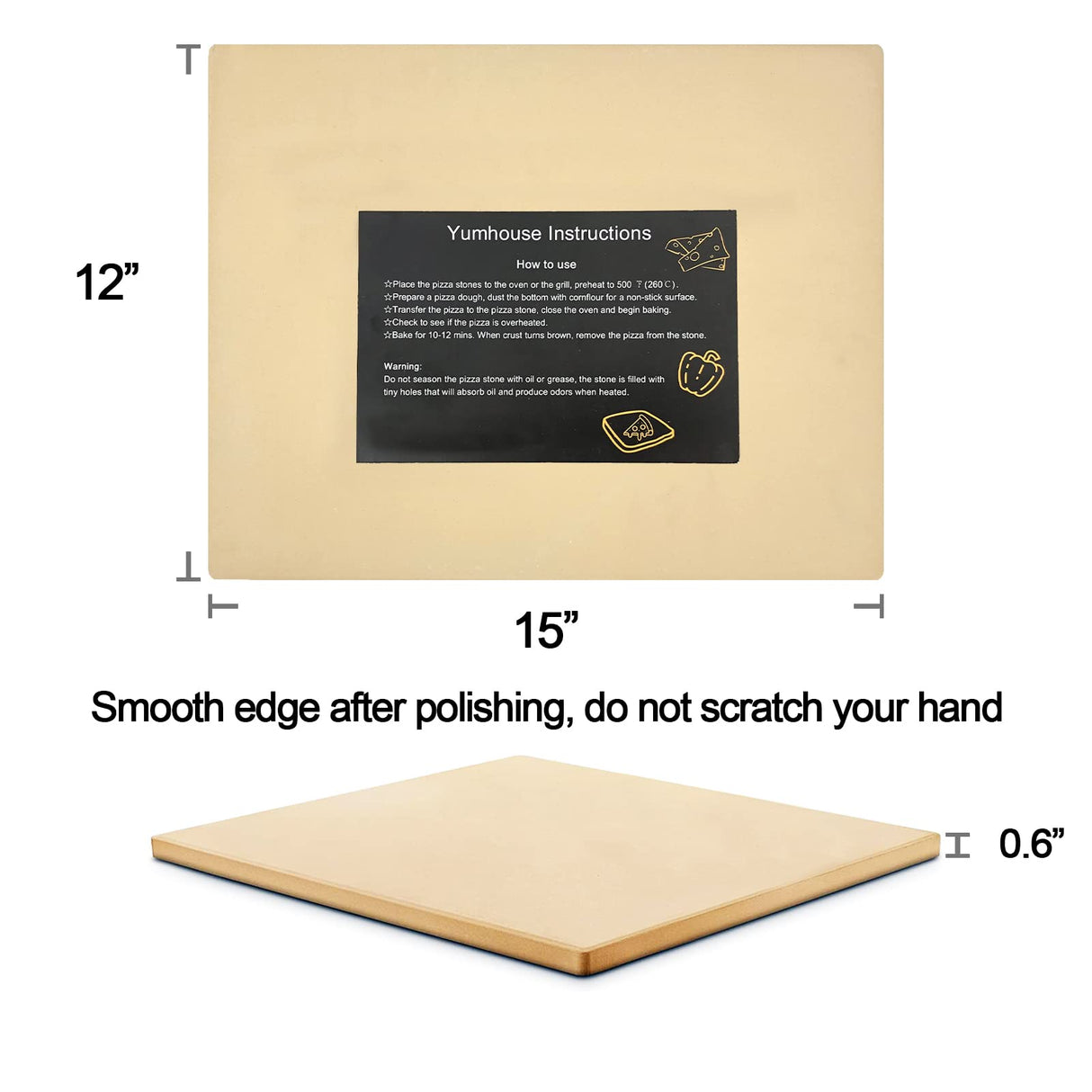 Pizza Stone for Oven and Grill Rectangular, Large Cooking Stone Includes Free Plastic Scraper, Strong and Safe Cordierite Baking Stone Heavy Duty for Pizza, Bread, Pie, BBQ (15" × 12") Yumhouse