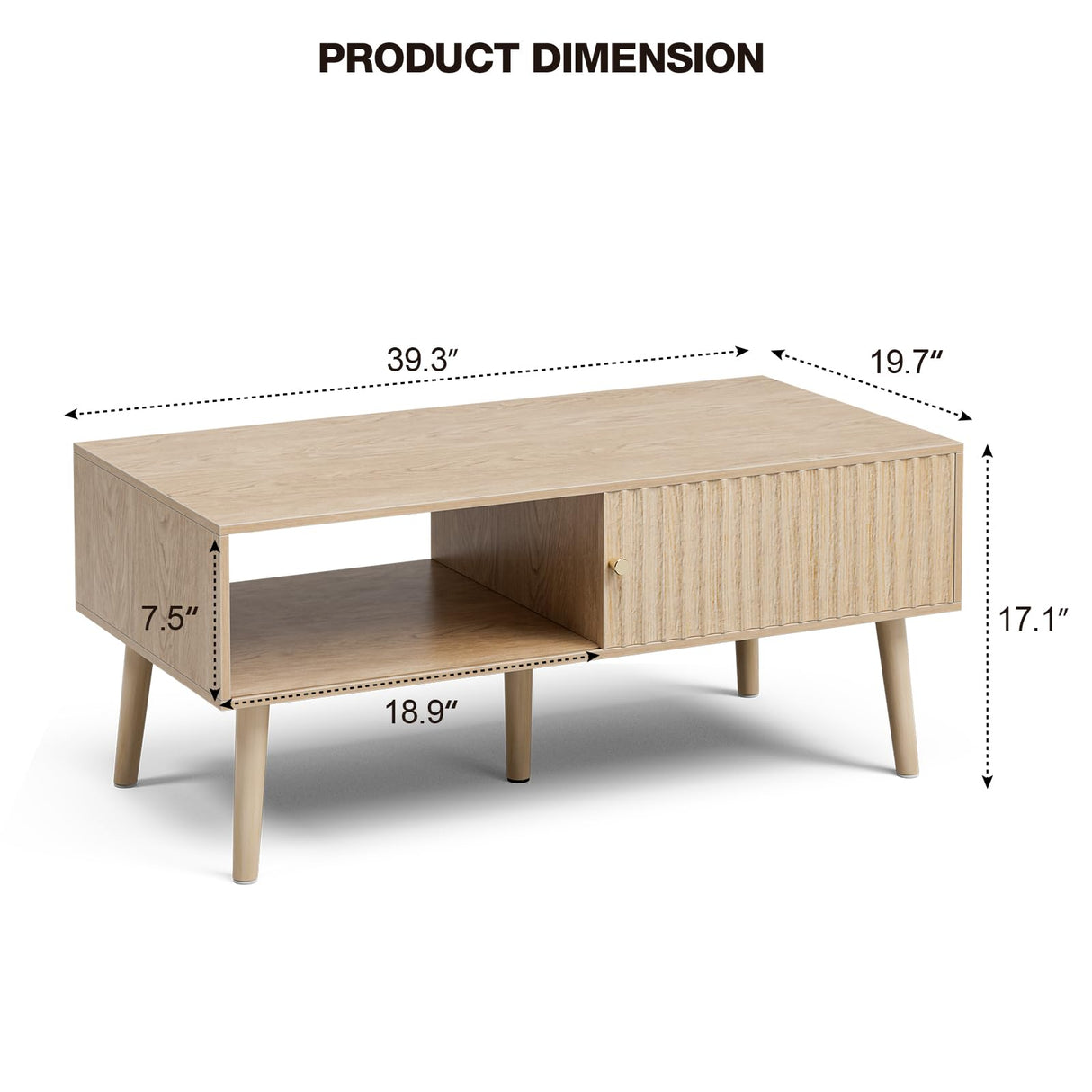 LCRBOL Coffee Table with Storage, Boho Dining Table with Sliding Fluted Door and Solid Wood Legs, Small Coffee Tables for Living Room, Oak