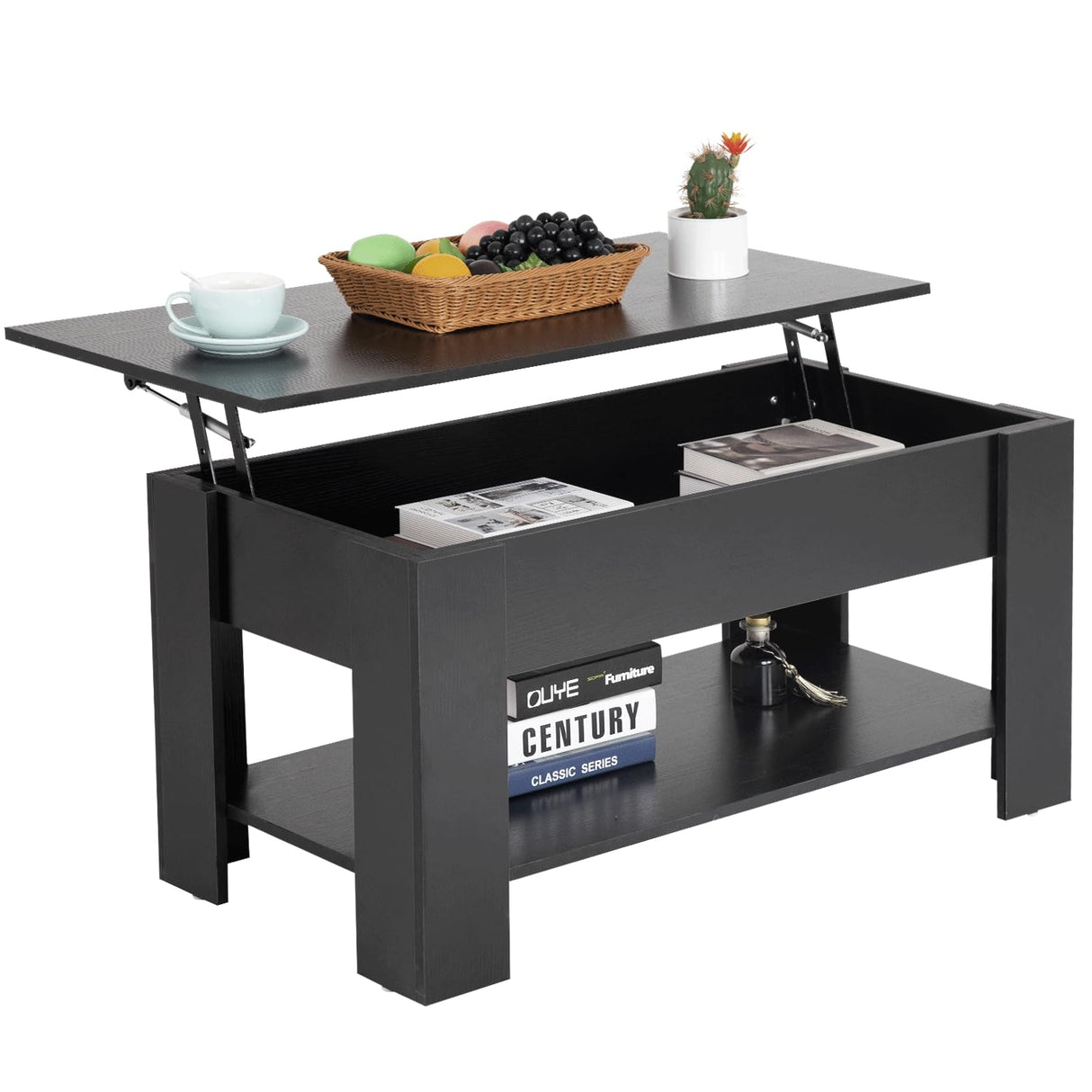 Ruesleag Lift Top Coffee Table w/Hidden Compartment and Storage Shelf,Retro Wooden Lift Tabletop Dining Table Multifunctional Wooden Working Table for Living Room Office Reception Room,39.4in L,Black Ruesleag