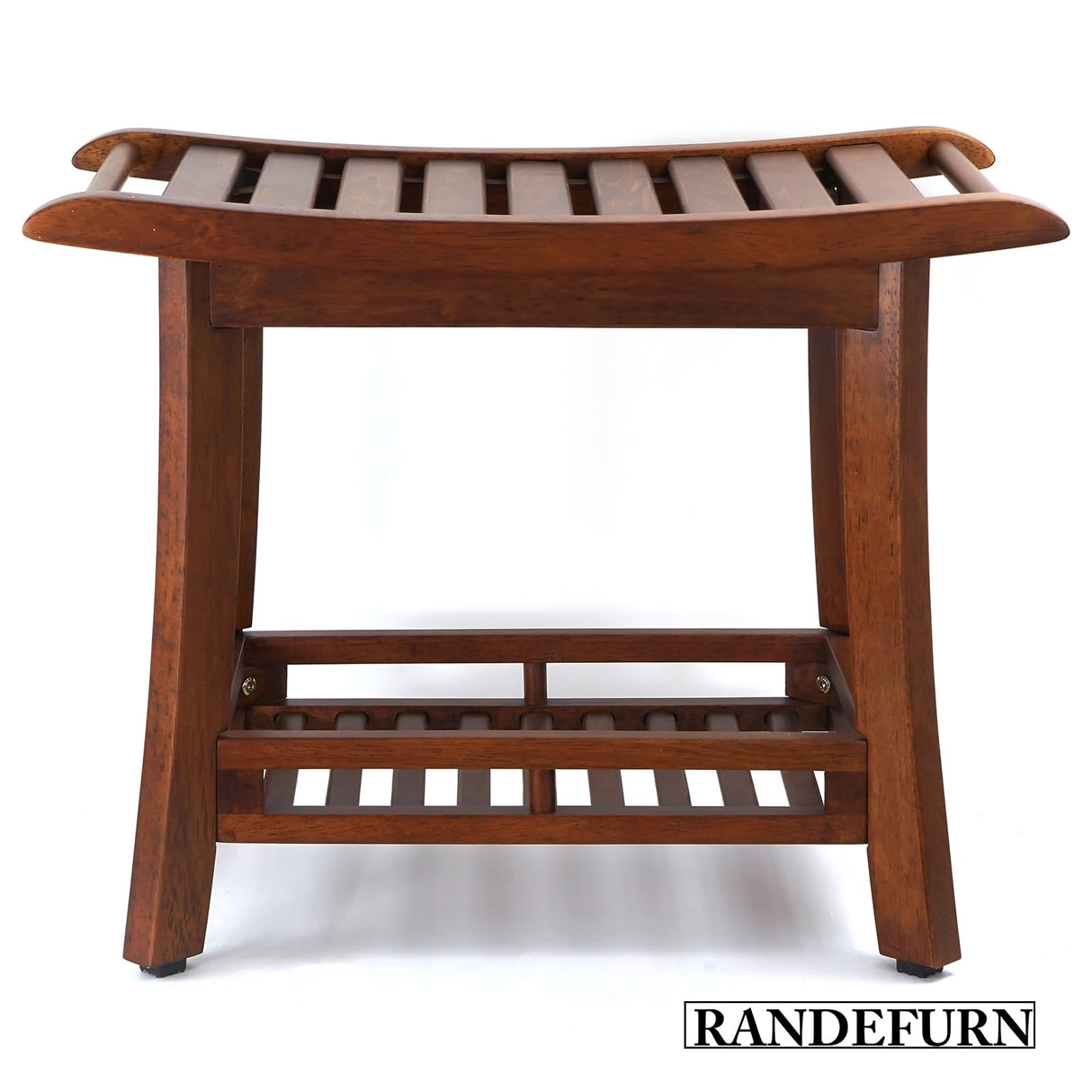 RANDEFURN 24“ Teak Shower Bench with Shelf,Teak Wood Shower Stool,Waterproof Wood Shower Chair for Elderly,2-Tier Wooden Shower Seat Spa Stool for Indoor and Outdoor Use.(24 x 13.4 x 18.3in, Brown) RANDEFURN