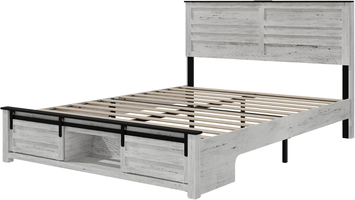 Queen Bed Frame with Storage Headboard, Metal Platform Bed Frame with 3 Storage Compartments, Built-in Charging Station and LED Lights, No Box Spring Required, Noiseless, Easy Assembly,Antique White QNICE
