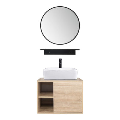 YOURLITE Cabinet Vanity, 24' White Ceramic Sink, Wall-Mounted, Floating Bathroom Cabinet with Mirror, Shelves & Faucet, 23.6x18.9x17(LxWxH)in